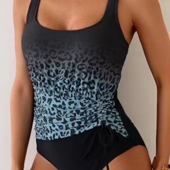 Eomenie. 1-piece swimsuit. Tummy Control. Ruched. Leopard/Blue Gradient. S - Picture 4 of 12